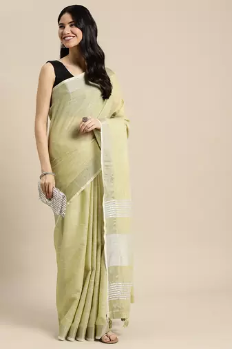 olive green color solid linen cotton border saree with blouse