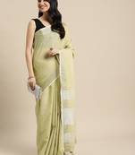 olive green color solid linen cotton border saree with blouse