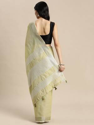 olive green solid linen cotton border saree with blouse 3