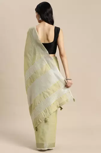 olive green color solid linen cotton border saree with blouse