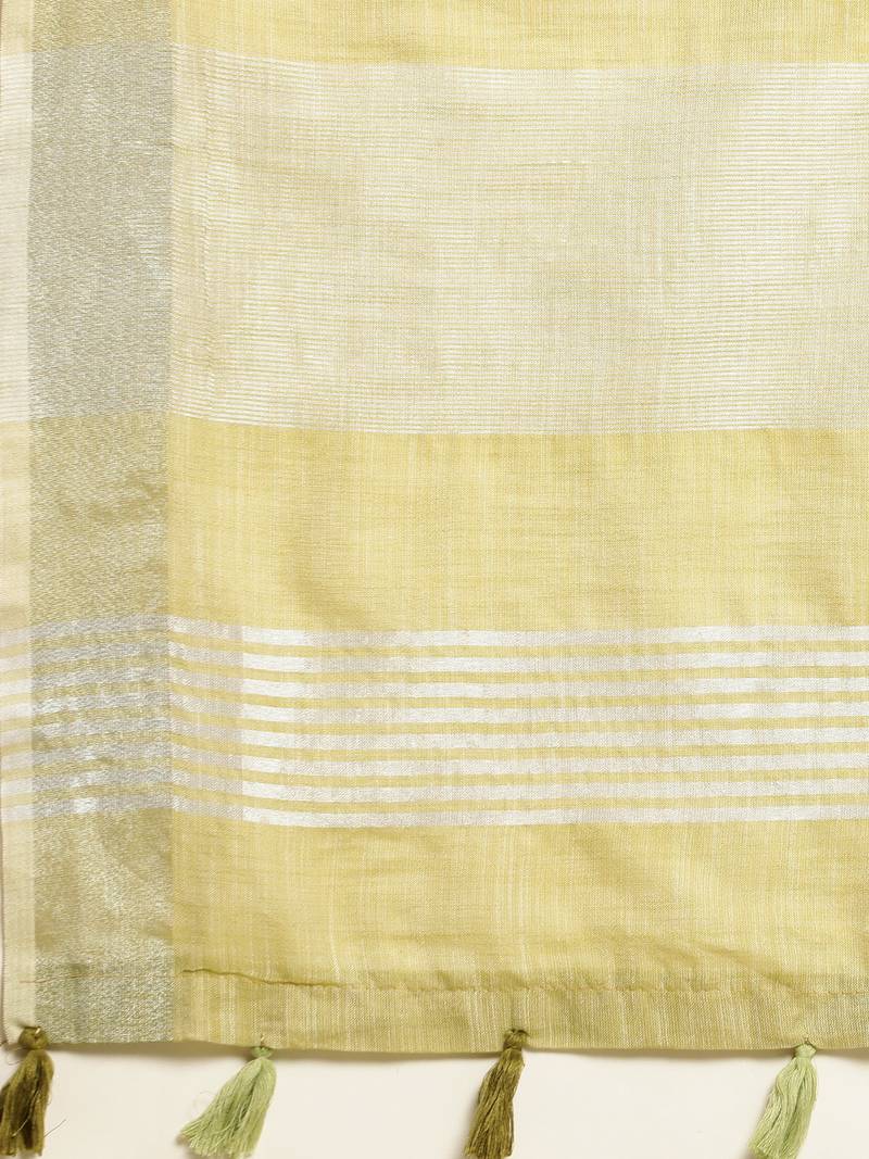 olive green color solid linen cotton border saree with blouse