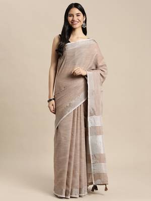 beige color solid linen cotton border saree with blouse 1