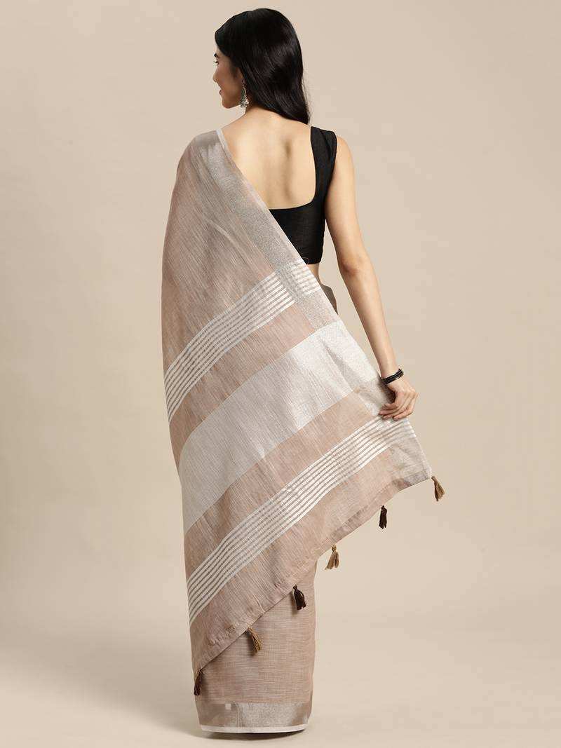 beige color solid linen cotton border saree with blouse