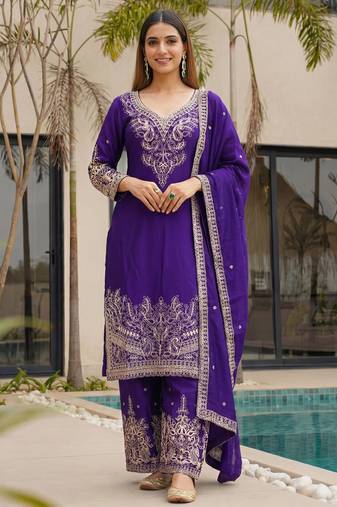 Purple Embroidered Chinon Function Wear Palazzo Suit
