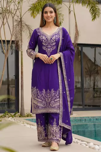 Purple Embroidered Chinon Function Wear Palazzo Suit