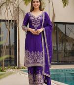 Purple Embroidered Chinon Function Wear Palazzo Suit