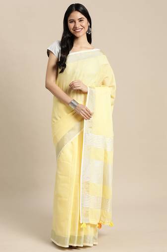 yellow color solid linen cotton border saree with blouse