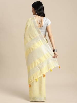 yellow color solid linen cotton border saree with blouse 3