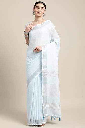 sky blue color solid linen cotton border saree with blouse