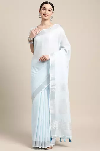 sky blue color solid linen cotton border saree with blouse