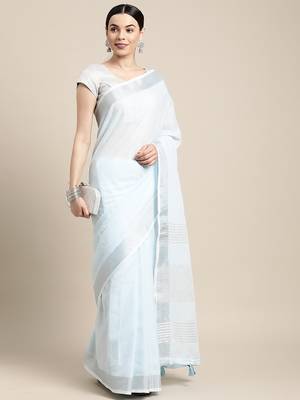 sky blue color solid linen cotton border saree with blouse 2