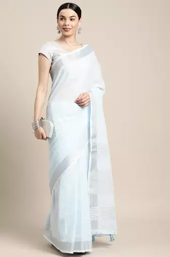 sky blue color solid linen cotton border saree with blouse