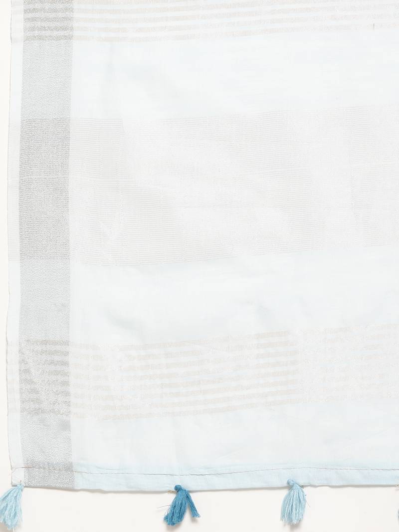 sky blue color solid linen cotton border saree with blouse