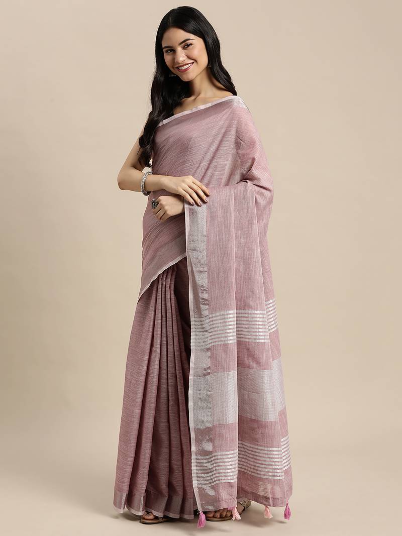 purple color solid linen cotton border saree with blouse