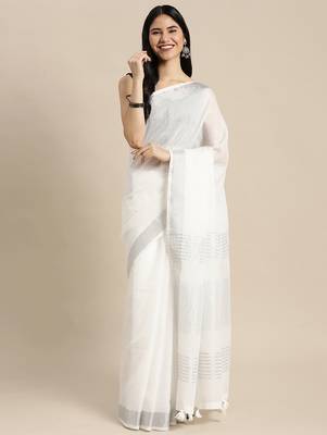 white color solid linen cotton border saree with blouse 1