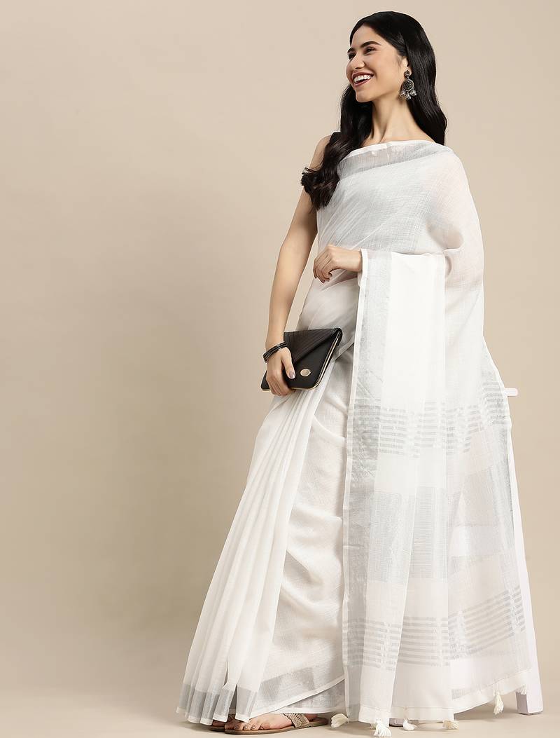 white color solid linen cotton border saree with blouse