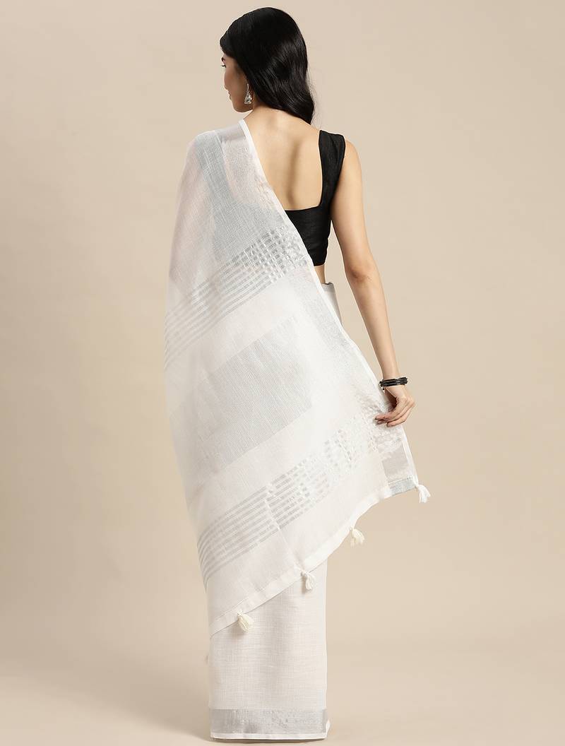 white color solid linen cotton border saree with blouse