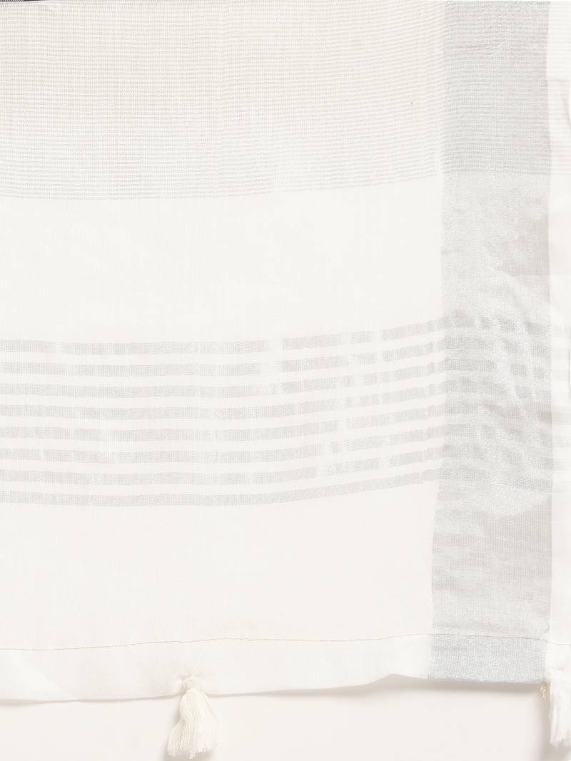 white color solid linen cotton border saree with blouse