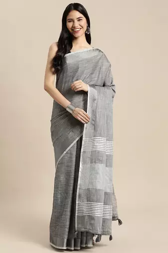 dark grey color solid linen cotton border saree with blouse