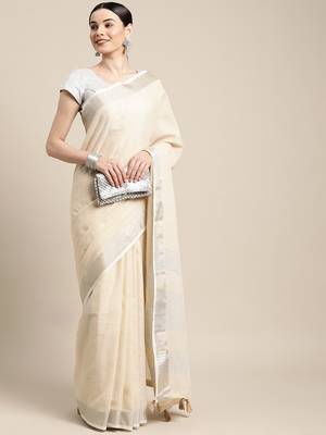 cream color solid linen cotton border saree with blouse 2