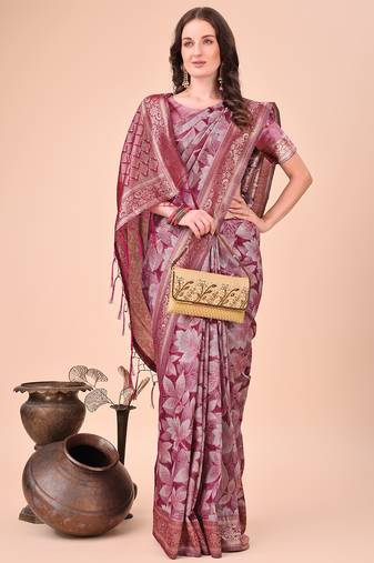 magenta color woven cotton saree with blouse