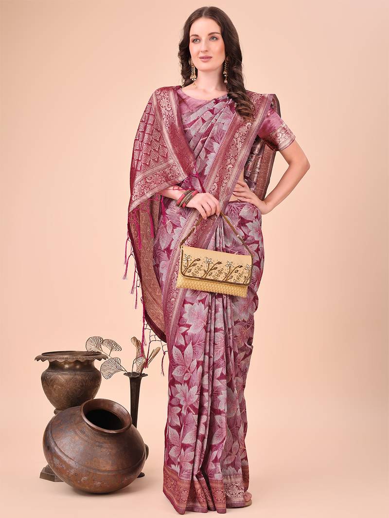 magenta color woven cotton saree with blouse