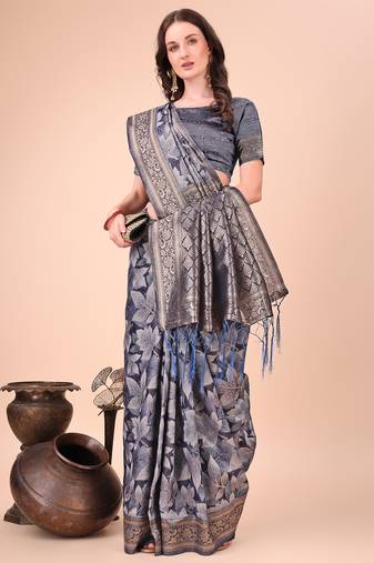 navy blue color woven cotton saree with blouse