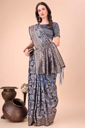 navy blue color woven cotton saree with blouse