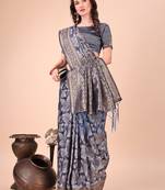 navy blue color woven cotton saree with blouse