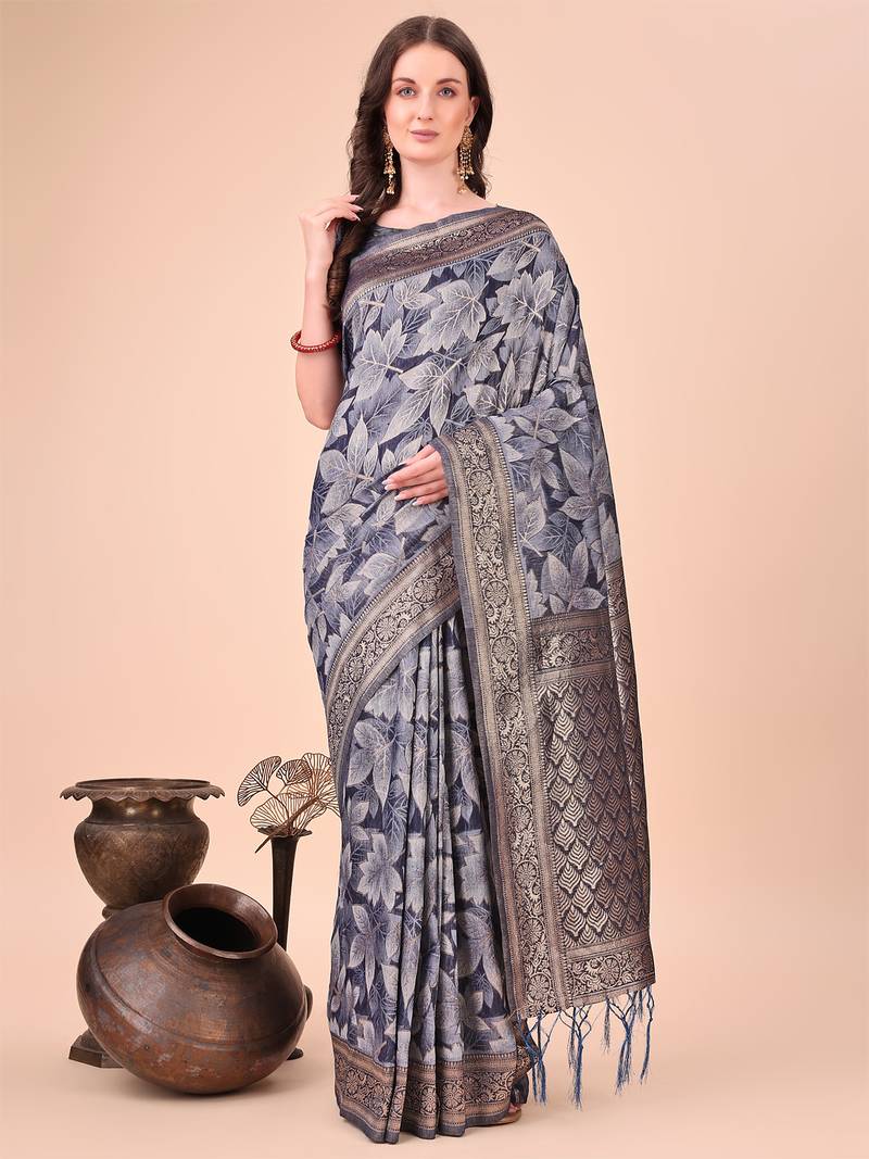 navy blue color woven cotton saree with blouse