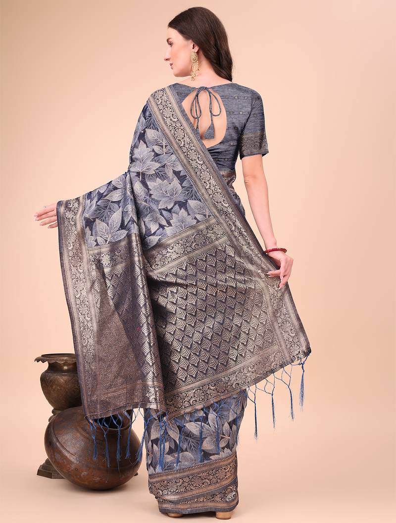 navy blue color woven cotton saree with blouse