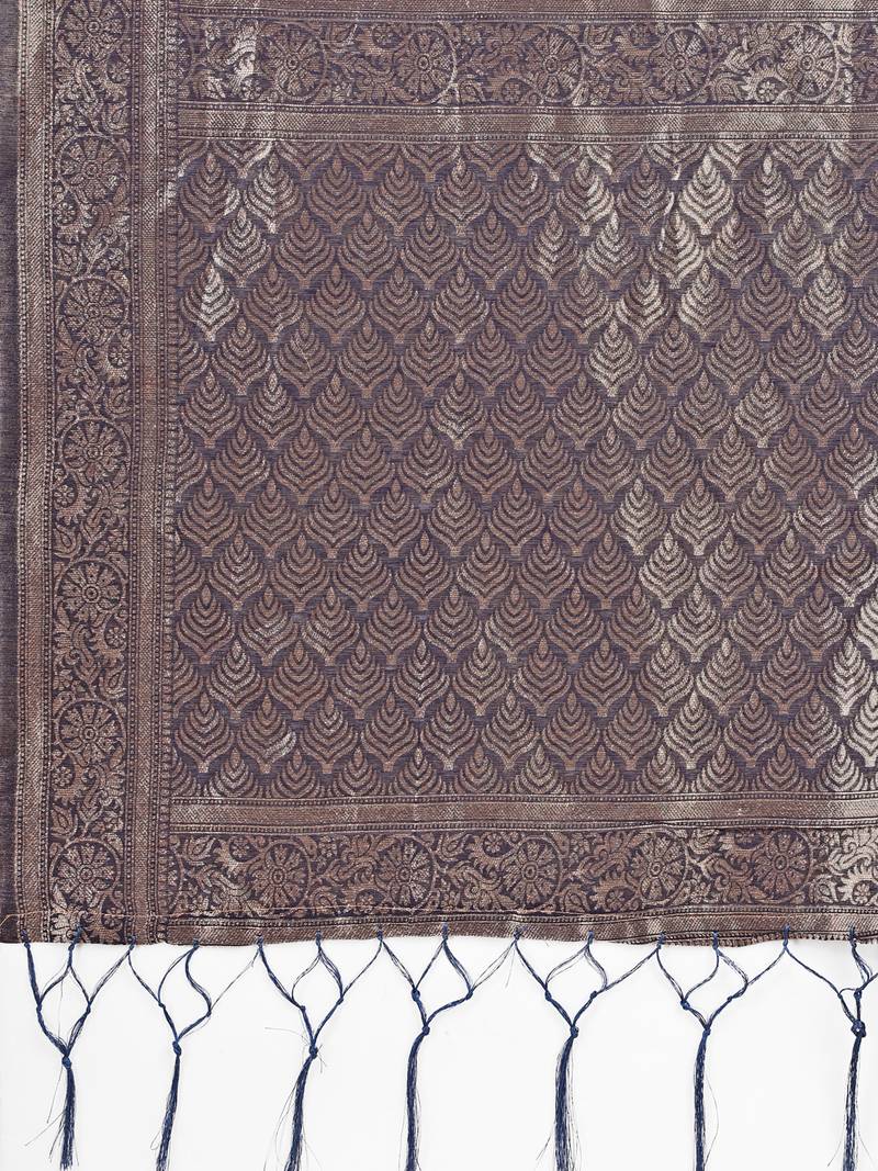 navy blue color woven cotton saree with blouse