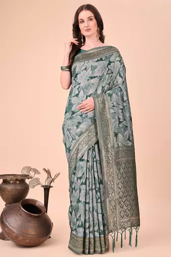 green color woven cotton saree with blouse