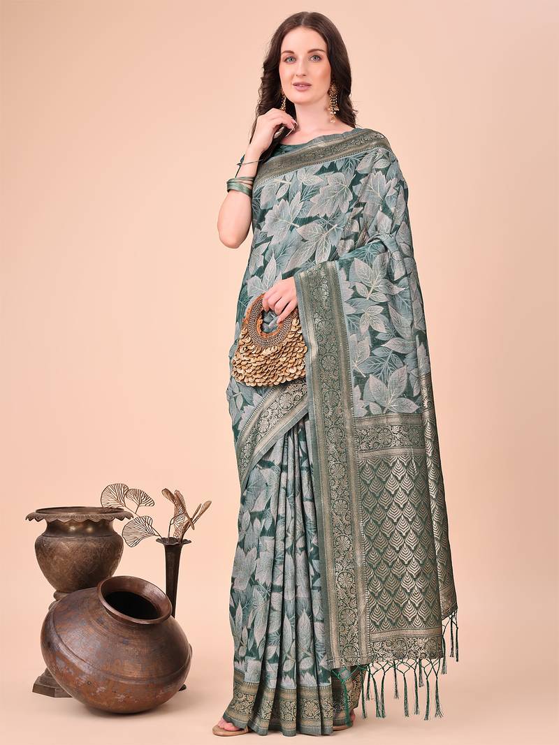 green color woven cotton saree with blouse