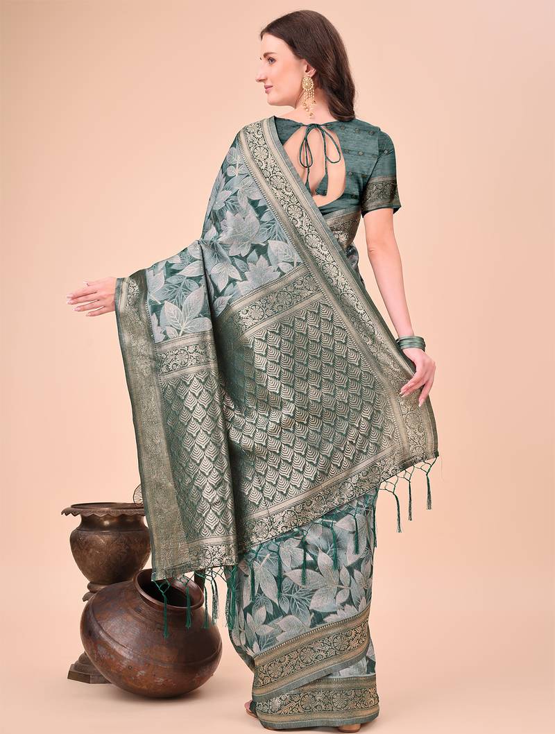 green color woven cotton saree with blouse