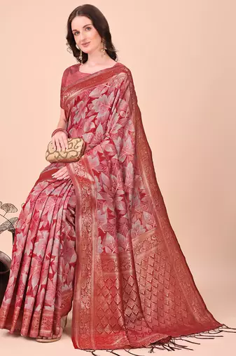 red color woven cotton saree with blouse