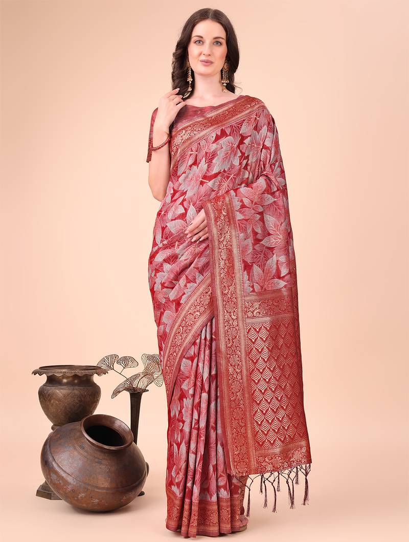 red color woven cotton saree with blouse