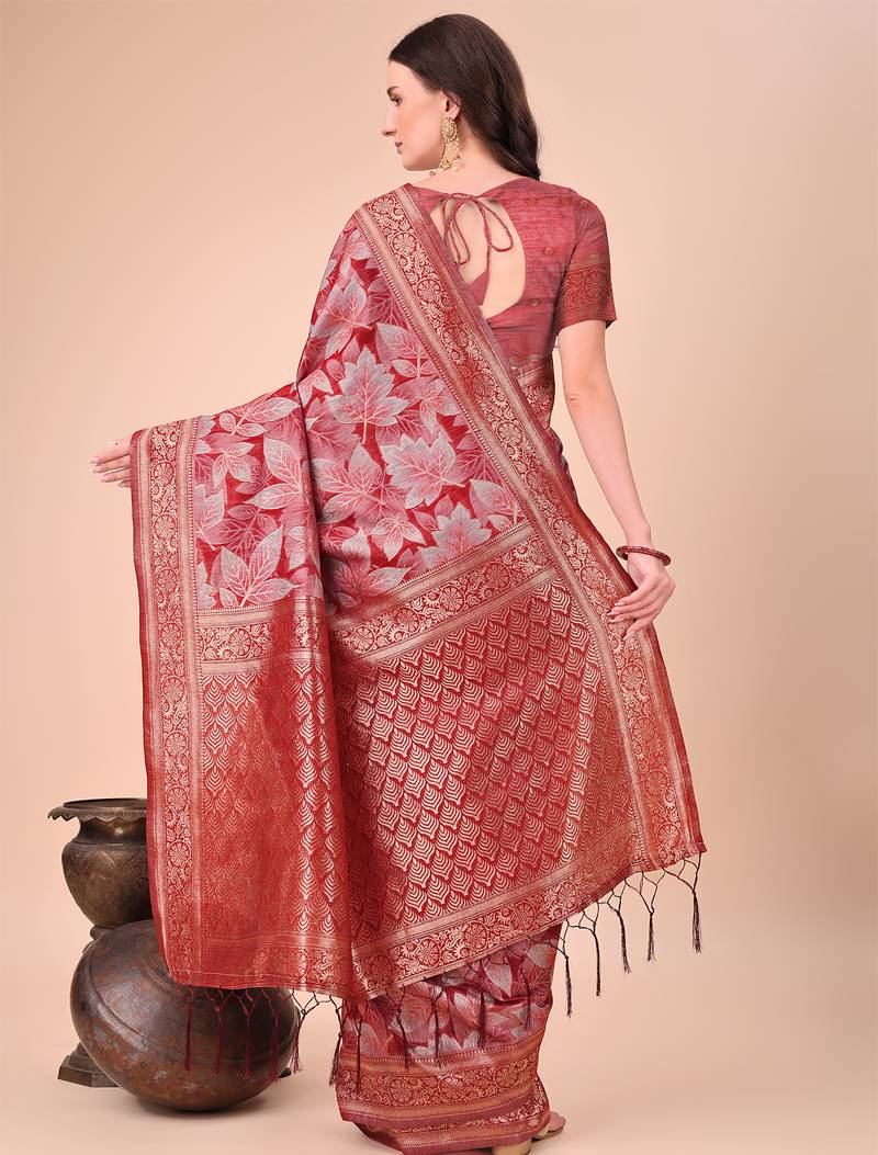 red color woven cotton saree with blouse