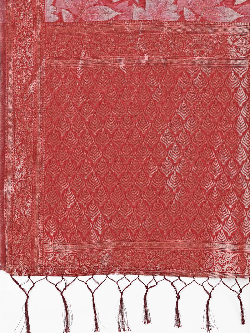 red color woven cotton saree with blouse