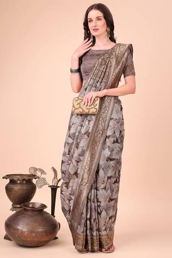 brown color woven cotton saree with blouse