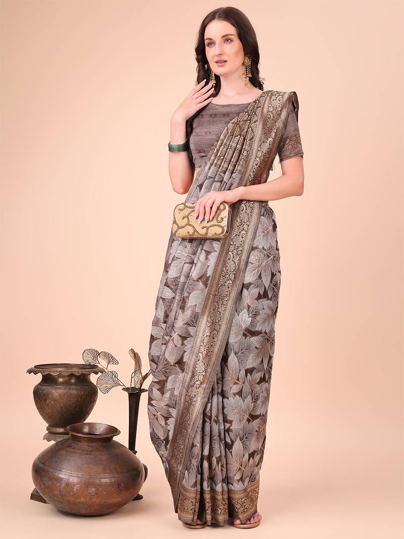 brown color woven cotton saree with blouse
