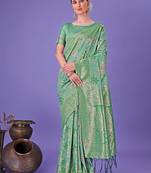 green color woven cotton saree with blouse
