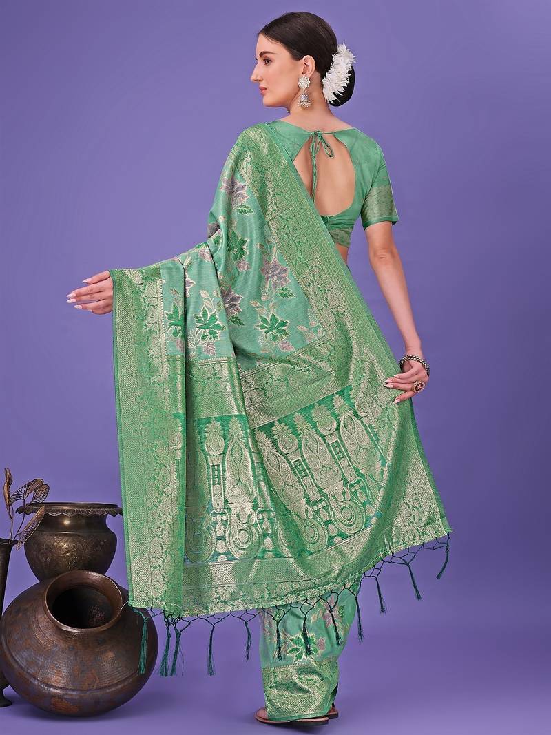 green color woven cotton saree with blouse