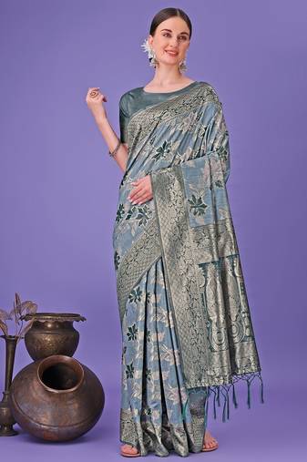 teal color woven cotton saree with blouse