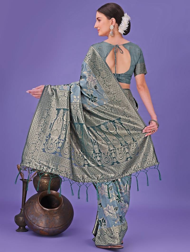 teal color woven cotton saree with blouse