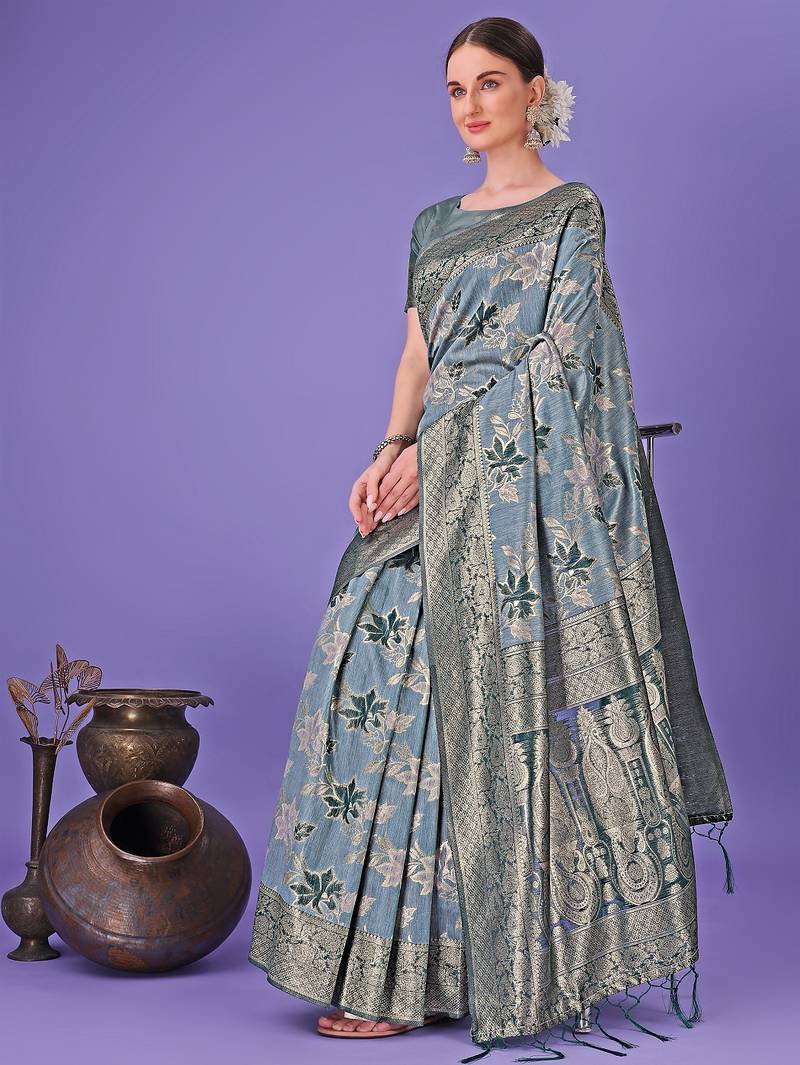 teal color woven cotton saree with blouse