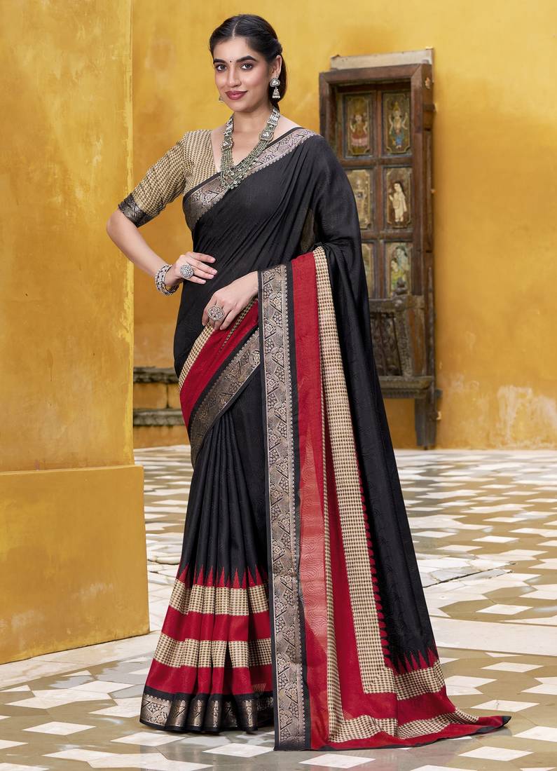 Poly cotton printed saree with royal zari weaving border