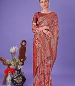 red color woven cotton saree with blouse