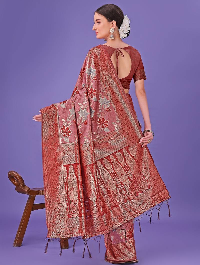 red color woven cotton saree with blouse