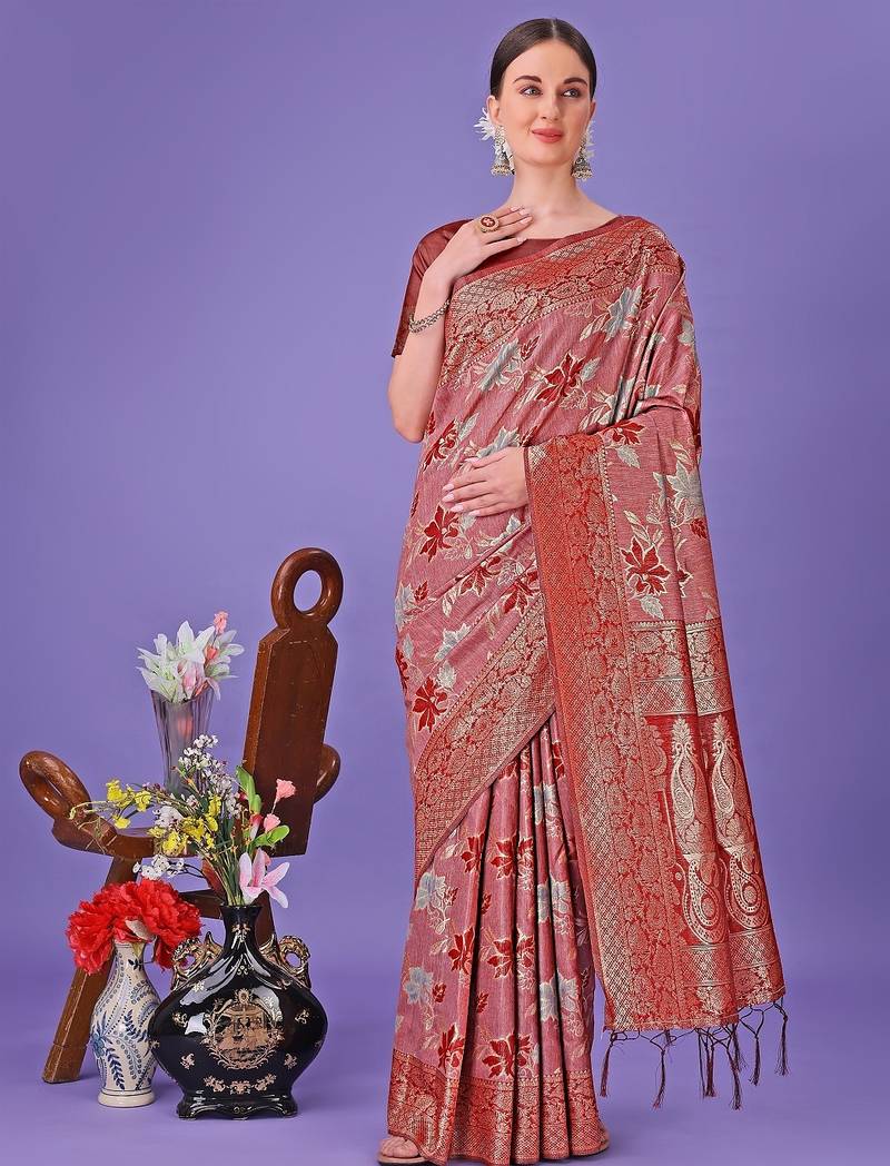 red color woven cotton saree with blouse